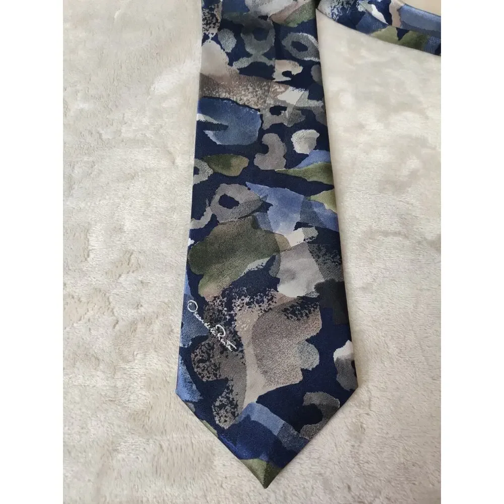 Vintage Oscar De La Renta Tie Abstract Geometric Polyester Silk Blend 4